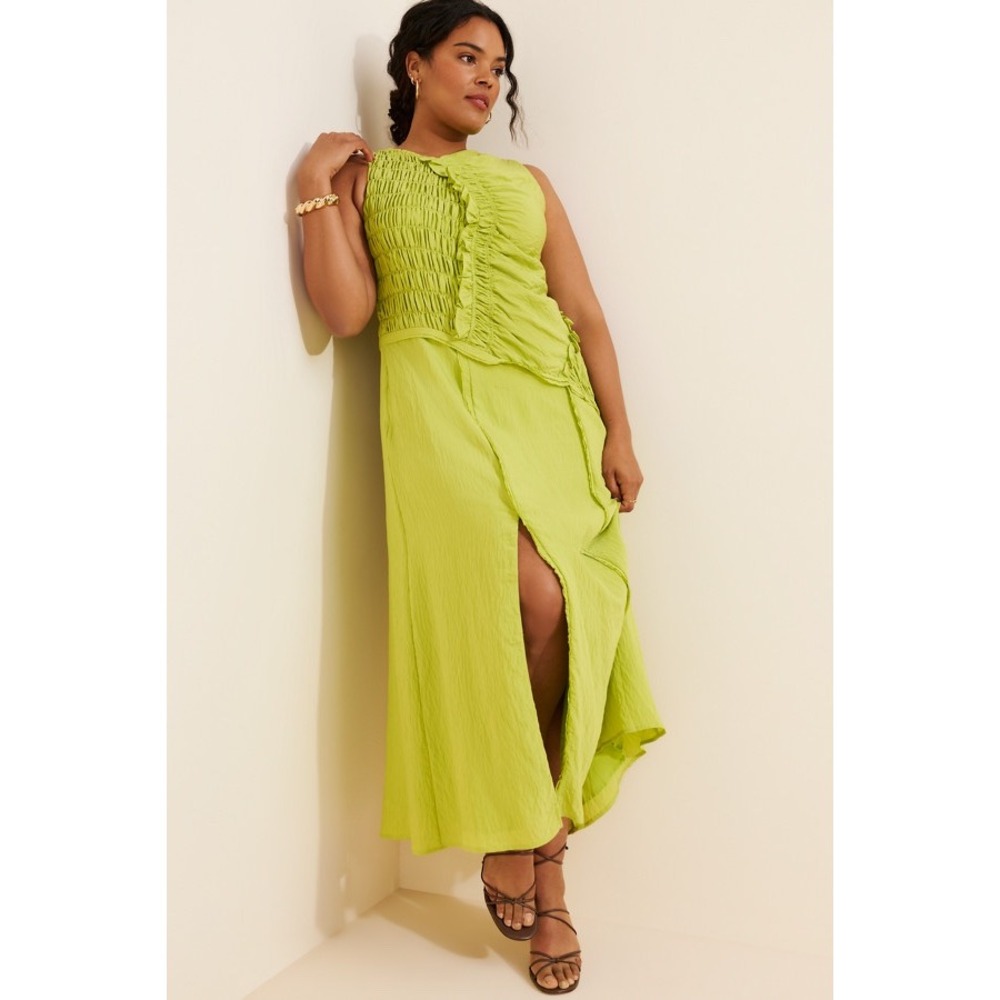 Nuuly Anthropologie Midi Dress Womens 1X Lime Green NWT Asymmetrical Smocked